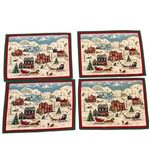 Handmade Hand Sewn Festive Holiday Village Placemats Set of 4 17x12" Christmas‎